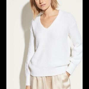 Vince Textured V-Neck Cotton Blend Classic Sweater Soft Knit White Size M